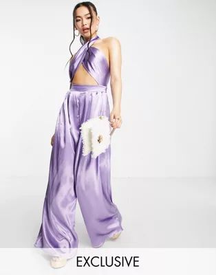 ASYOU cross front halter satin jumpsuit in lilac | ASOS (Global)