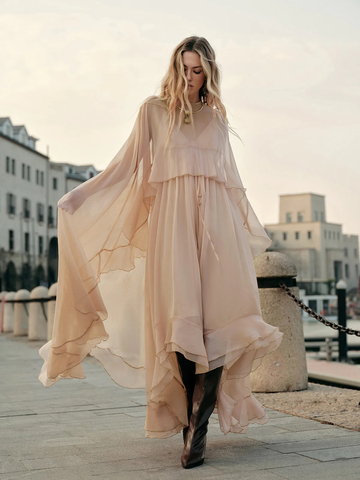 Semi-Sheer Chiffon Layered Dress With Cloak | Commense