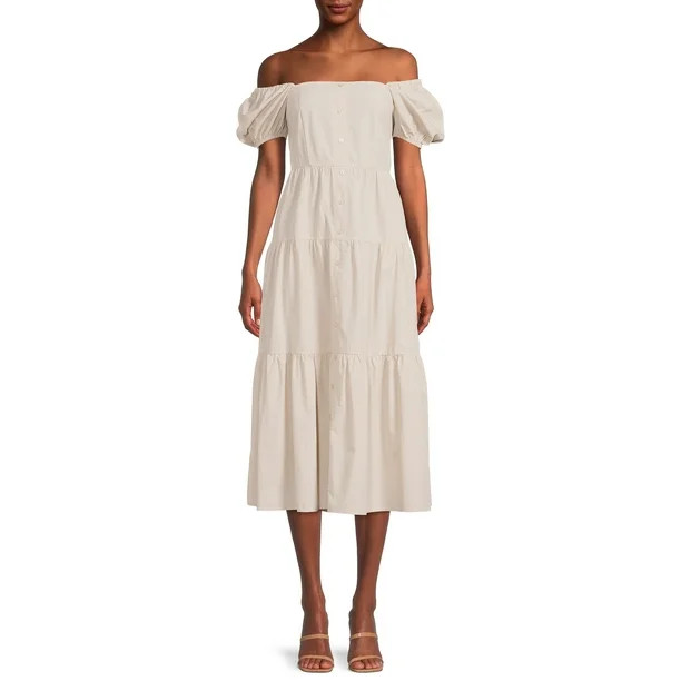 Time and Tru Women's Button Front Short Sleeve off Shoulder Dress - Walmart.com | Walmart (US)