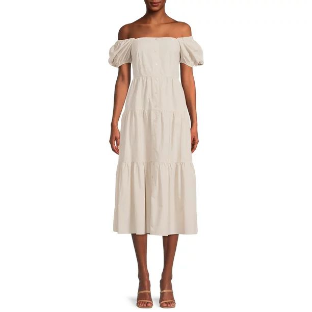 Time and Tru Women's Button Front Short Sleeve off Shoulder Dress | Walmart (US)