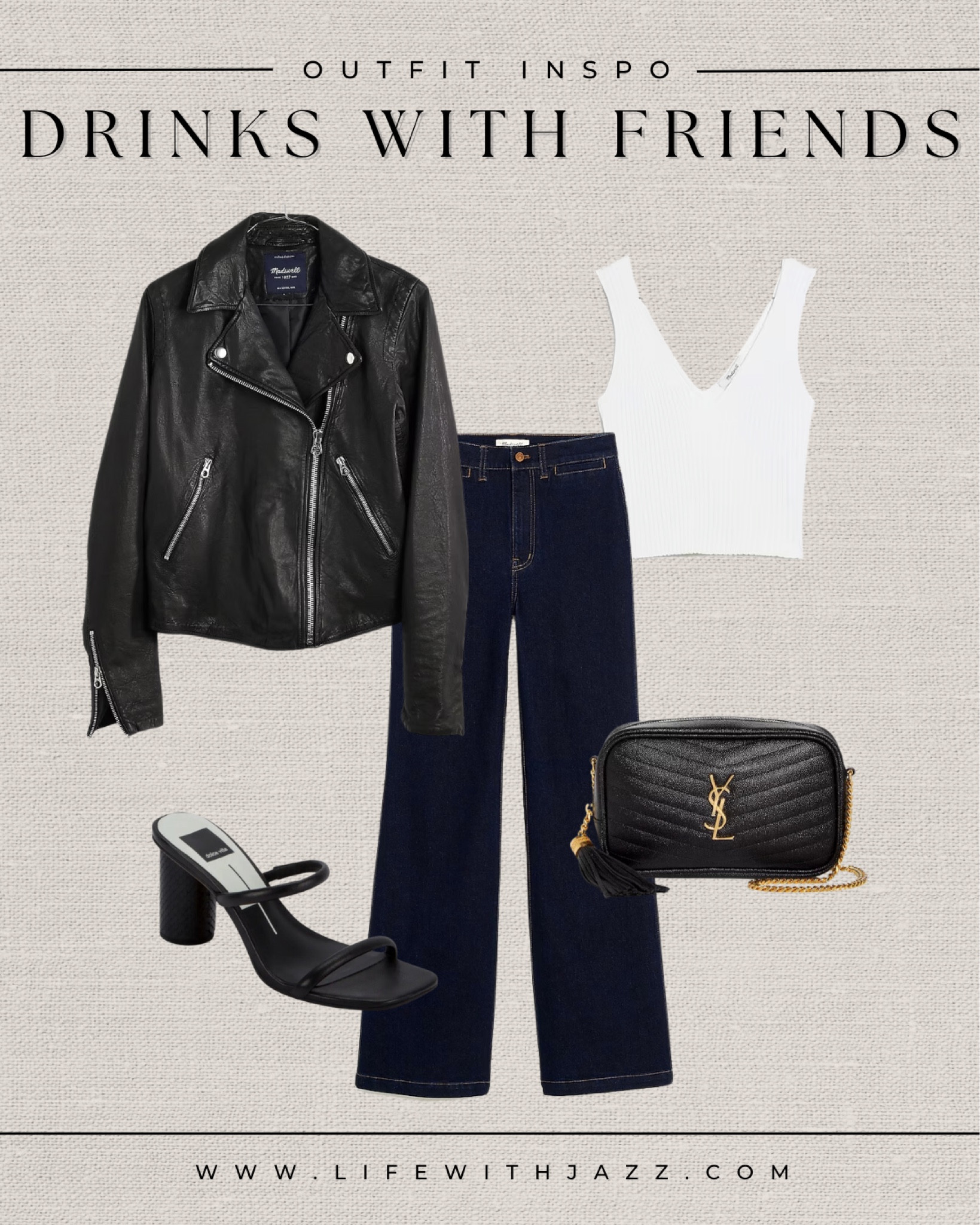 Girls night out outfit 

- outfit inspo, drinks with friends, girls night out, date outfit, moto jacket, white cami, black heels, purse, jeans, flare jeans 

#LTKSeasonal #LTKstyletip