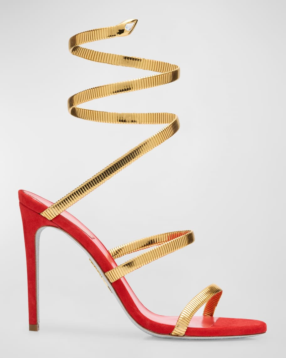 Rene Caovilla Suede Copper Snake Ankle-Wrap Sandals | Neiman Marcus