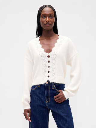 Fuzzy Pointelle Scalloped Crop Cardigan | Gap (US)