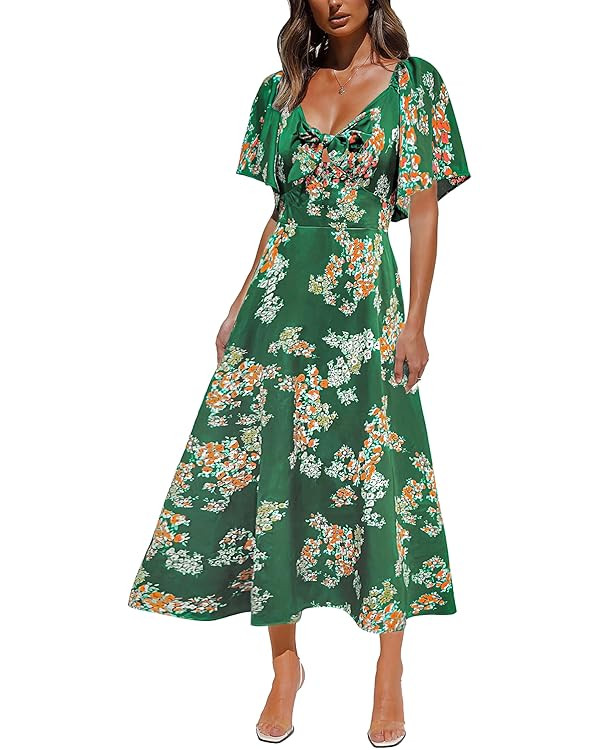 Fashionme Womens Dresses 2025 Maxi Dresses Deep V Neck Elegant Bow Tie Front Cap Sleeve Summer Fl... | Amazon (US)