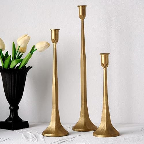 Denique Iron Taper Candle Holder Set of 3, Gold Candlestick Holders Decorative Candle Stand, Tapered Candle Holders Tall Set for Wedding, Dining Table, Home Decoration (Gold) | Amazon (US)