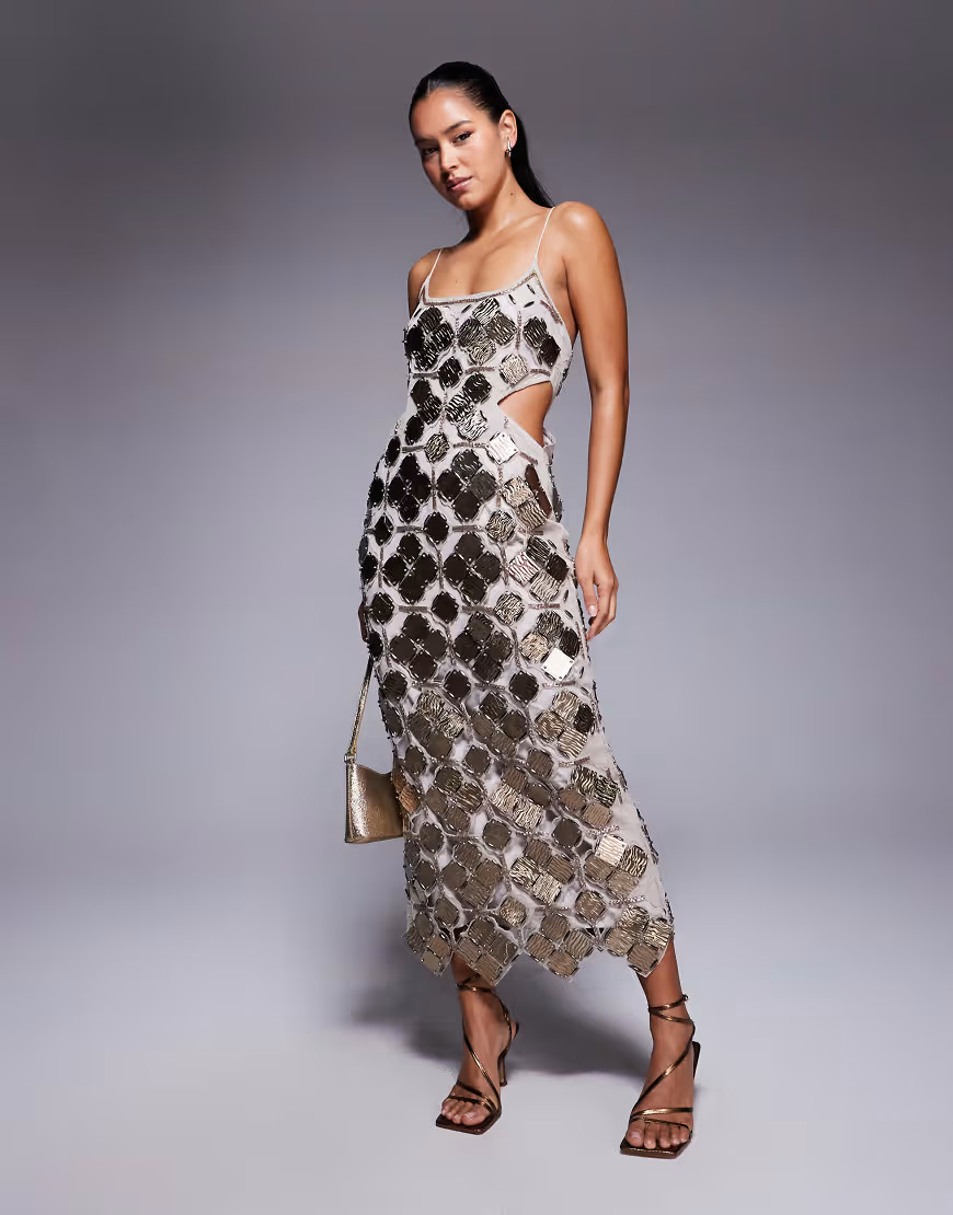 ASOS DESIGN grid embellished cutwork midi dress in gunmetal-Gold | ASOS (Global)