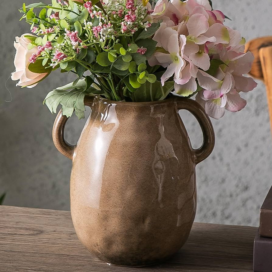Kimdio Brown Ceramic Vase with 2 Handles, Modern Farmhouse Vase for Home Decor, Vintage Rustic Po... | Amazon (US)