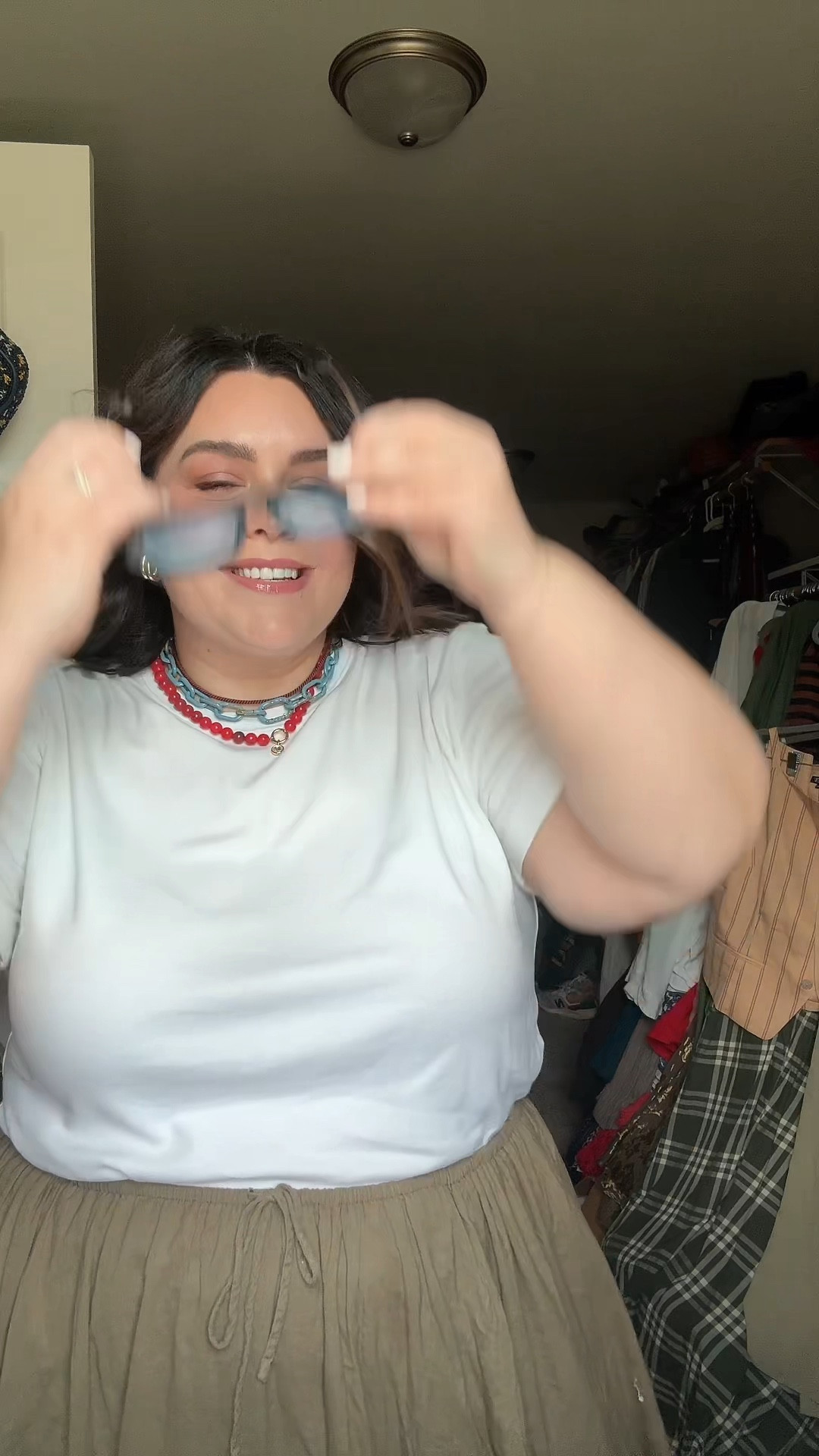 New favorite white t-shirt- casual OOTD unlocked. 

Wearing a size large in the tee.
Size 12 in the skirt. 

Blue chain necklace is Royal Nomad, shoes (old) 

#LTKMidsize #LTKSeasonal