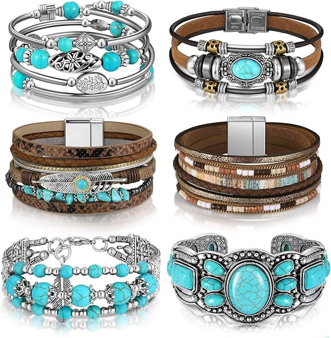 Sasylvia 6 Pcs Turquoise Bracelet for Women Leather Bracelet Western Jewelry for Women Multilayer... | Amazon (US)
