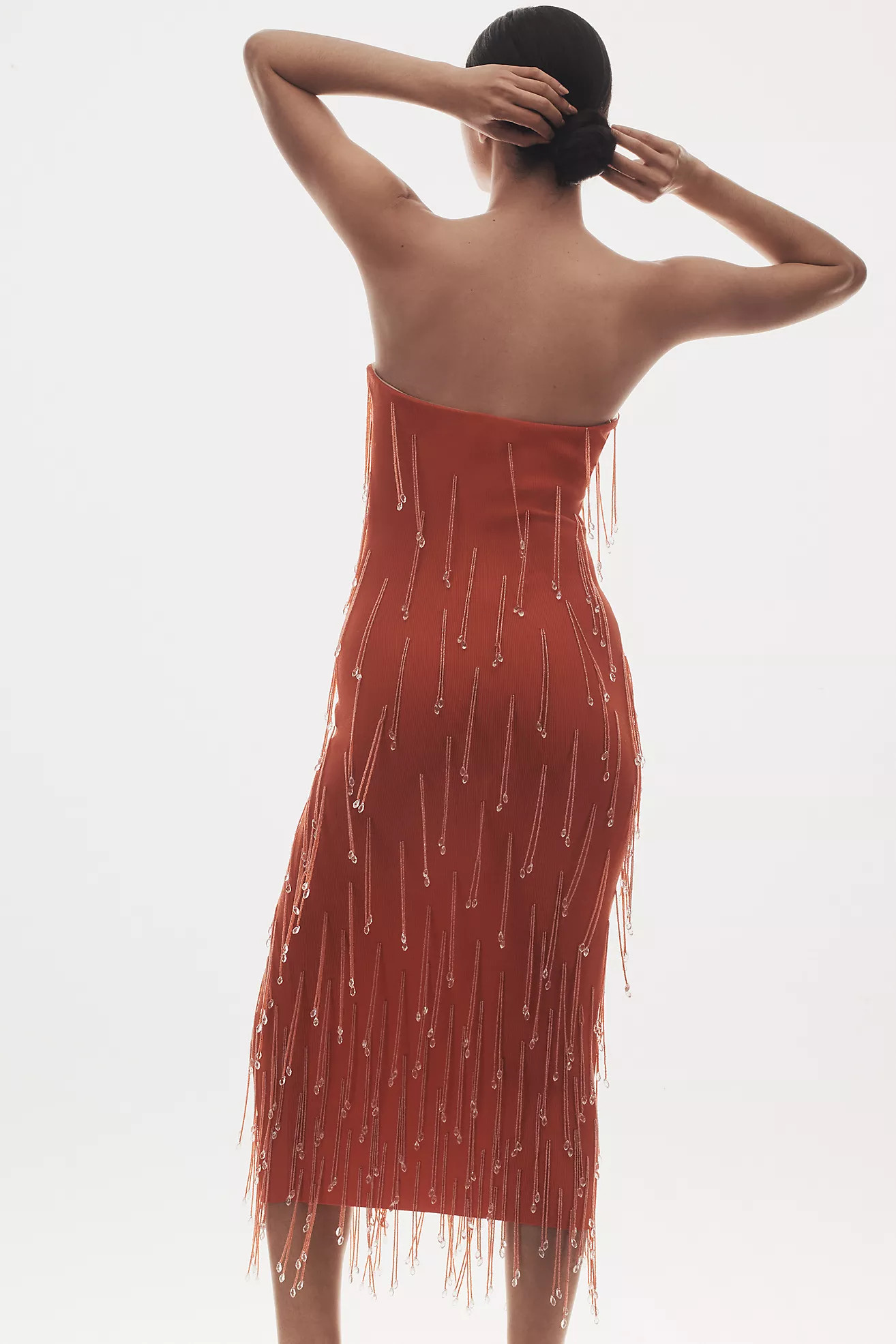 Delfi Collective Amala Strapless Crystal-Fringe Slim Midi Dress | Anthropologie (US)