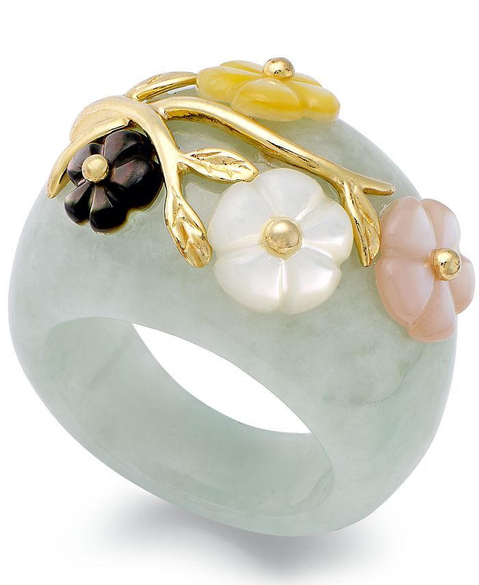 Macy's Jade and Multicolored Mother of Pearl (8mm) Flower Ring in 14k Gold over Sterling Silver &... | Macys (US)