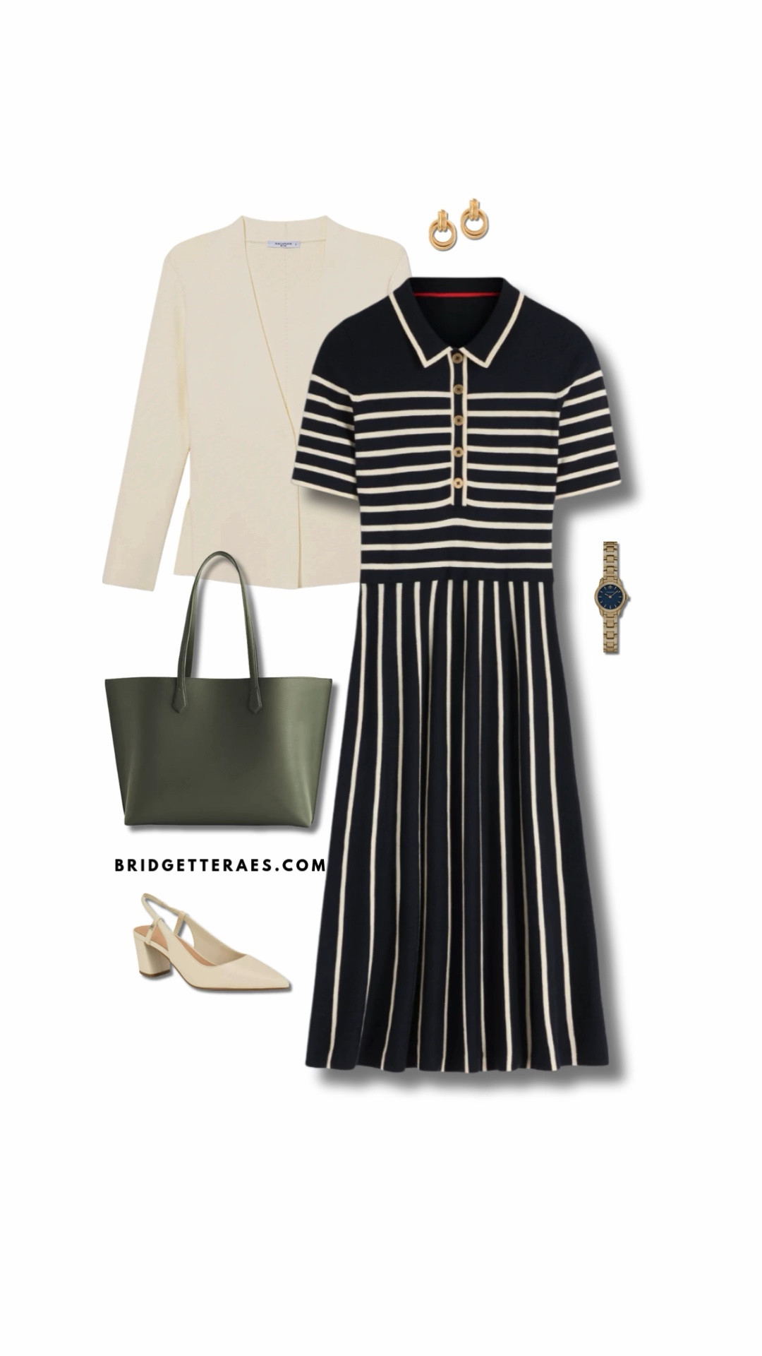 Classic structure meets timeless style in this polished work-ready look. A navy striped knit dress creates a refined silhouette with its tailored bodice and flowing skirt, while the crisp pattern keeps the outfit sharp and professional. A soft ivory jacket adds lightness and structure, making the ensemble feel balanced and layered without overwhelming the clean lines of the dress. Neutral slingback heels keep the look elegant and practical for a full day of work, while the structured olive tote introduces a subtle contrast that feels modern and grounded. Gold jewelry and a classic watch provide understated polish, completing a look that feels confident, composed, and effortlessly professional.

#LTKWorkwear #LTKOver40 #LTKootd