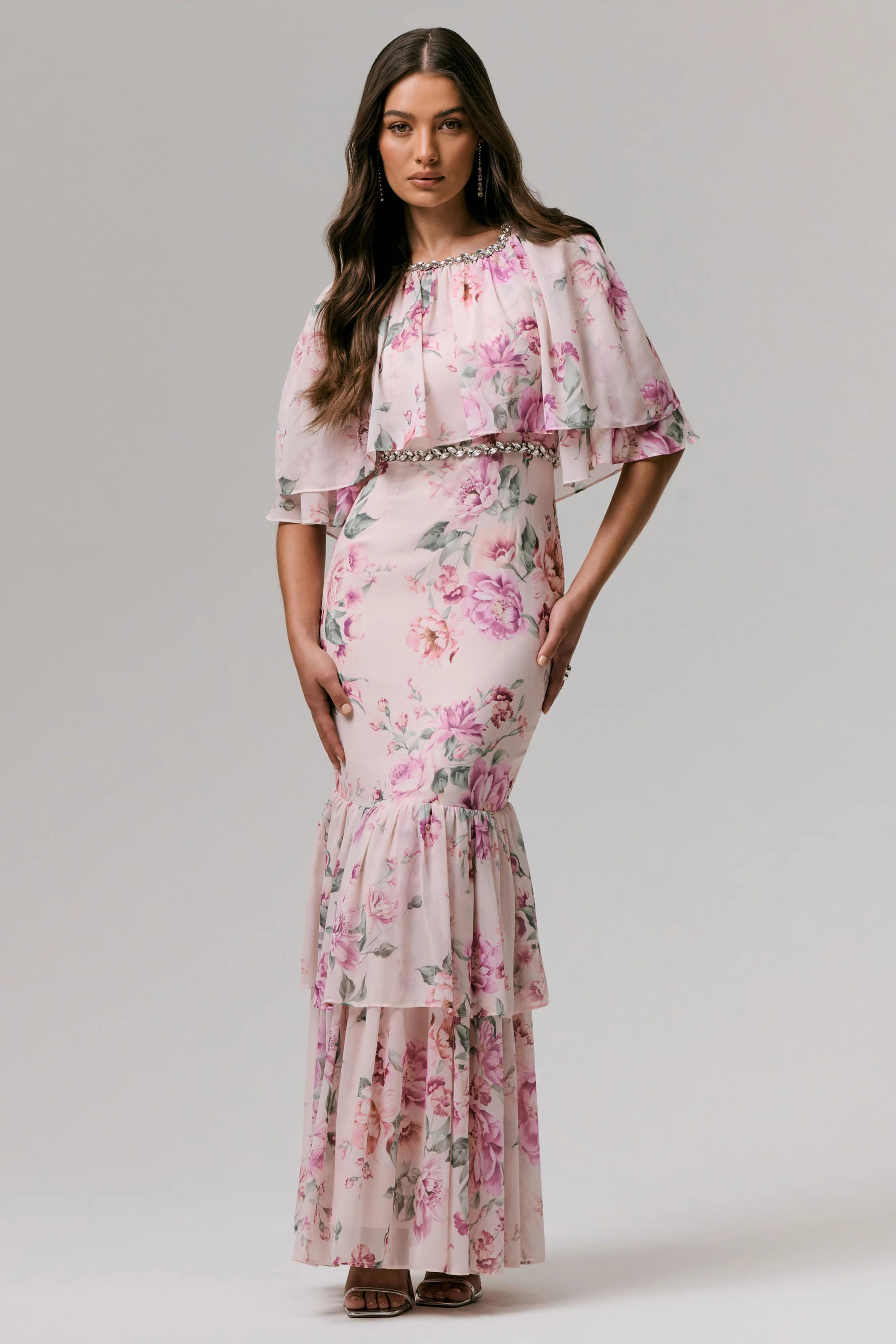 Never Let Go | Pink Floral Print Chiffon Maxi Dress With Tiered Hem | Club L London