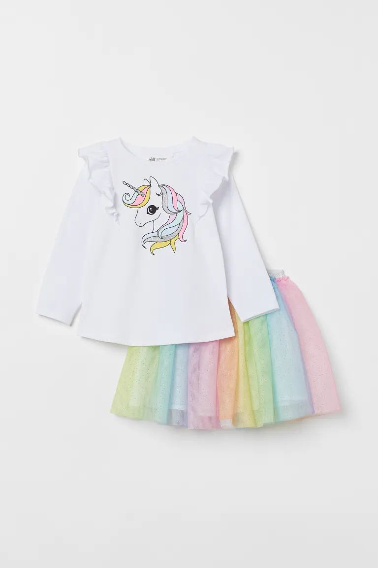 Set with a top and matching tulle skirt. Long-sleeved top in soft cotton jersey with ruffles at s... | H&M (US + CA)