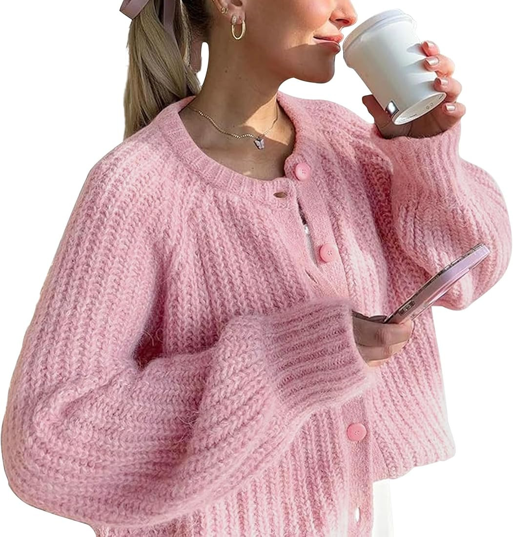 Crochet Cardigan Sweaters for Women Tops Chunky Knitted Crew Neck Long Sleeve Button Down Jackets... | Amazon (US)