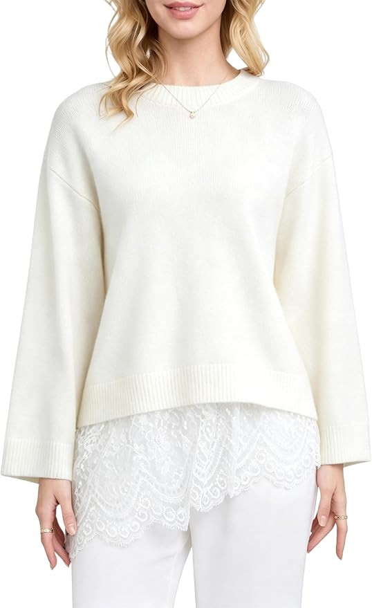 Womens Lace Hem Knit Pullover Casual Long Sleeve Top | Amazon (US)