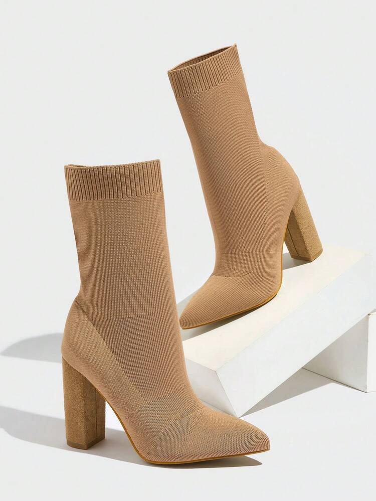 Daringsoles Women's Pointed Toe Chunky High Heel Elastic Ankle Boots, Khaki For Christmas | SHEIN