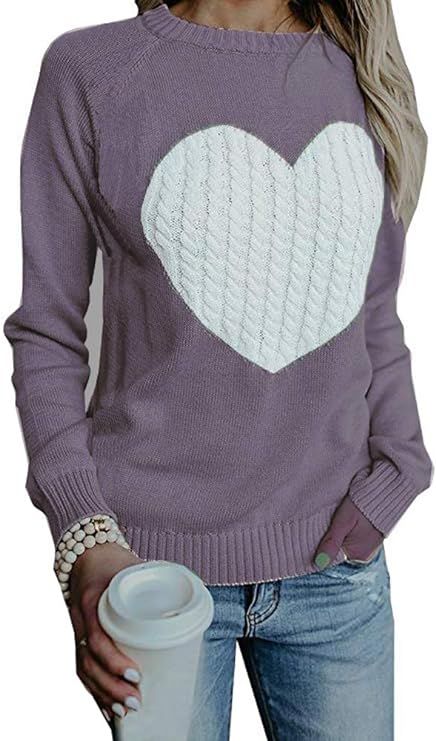 Women's Sweater Heart Pattern Patchwork Pullover Long Sleeve Crew Neck Knits Loose Top | Amazon (US)
