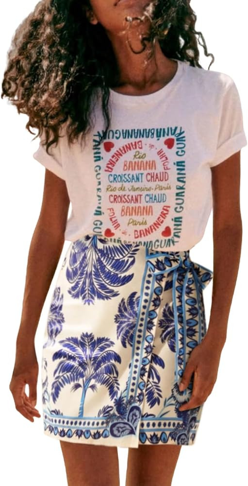 Womens Summer Floral Wrap Short Skirt Tie Side High Waist A Line Beach Vacation Boho Mini Skirt | Amazon (US)