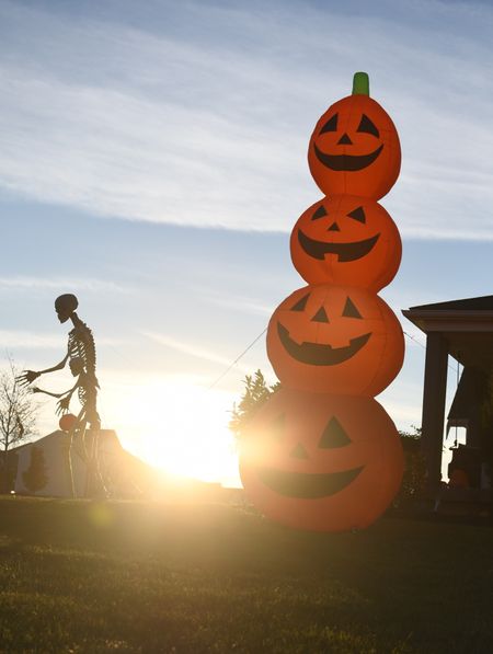 12 foot skeleton, 8 foot skeleton, 20 foot inflatable pumpkin stack  outdoor Halloween decor



#LTKHalloween #LTKunder100 #LTKSeasonal