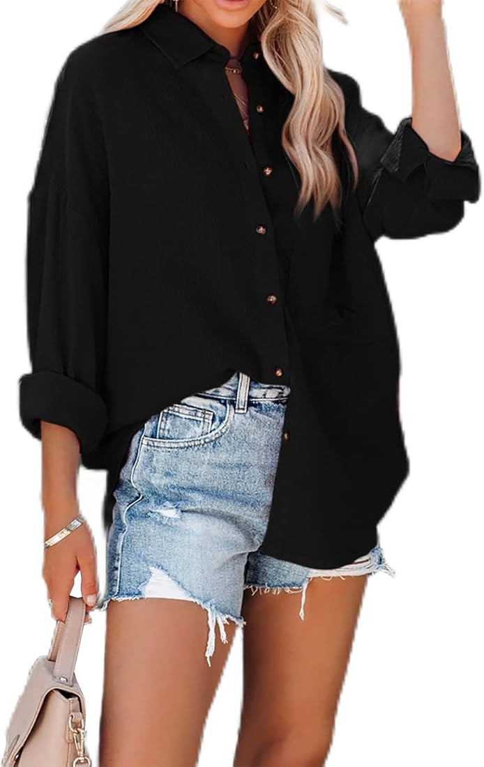 R.Vivimos Women's Fall Cotton Long Sleeve Oversized Loose Casual Button Down Shirts Blouses with Poc | Amazon (US)