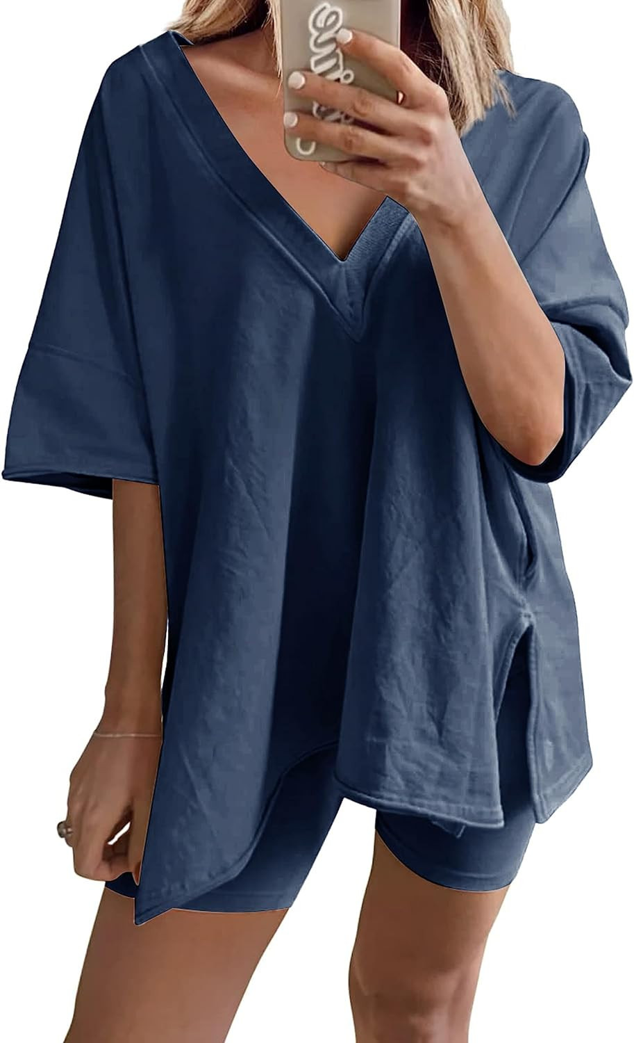 GTLIAE Womens Oversized 2 Piece Outfits Reversible Short Sets V Neck T Shirt Tops Biker Shorts Wo... | Amazon (US)