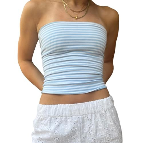 Usweetie Women Striped Tube Top Blue M | Amazon (US)