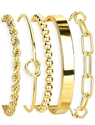 Gokeey Gold Cuff Bracelets for Women Trendy Waterproof, 14K Gold Plated Chunky Gold Bangles Beaded Bracelet for Women Fashion Accessories, Stackable Rope Forever Love Knot Infinity Paperclip Cuban Twist Bracelets Stack Set Bold Vintage Statement Jewelry | Amazon (US)