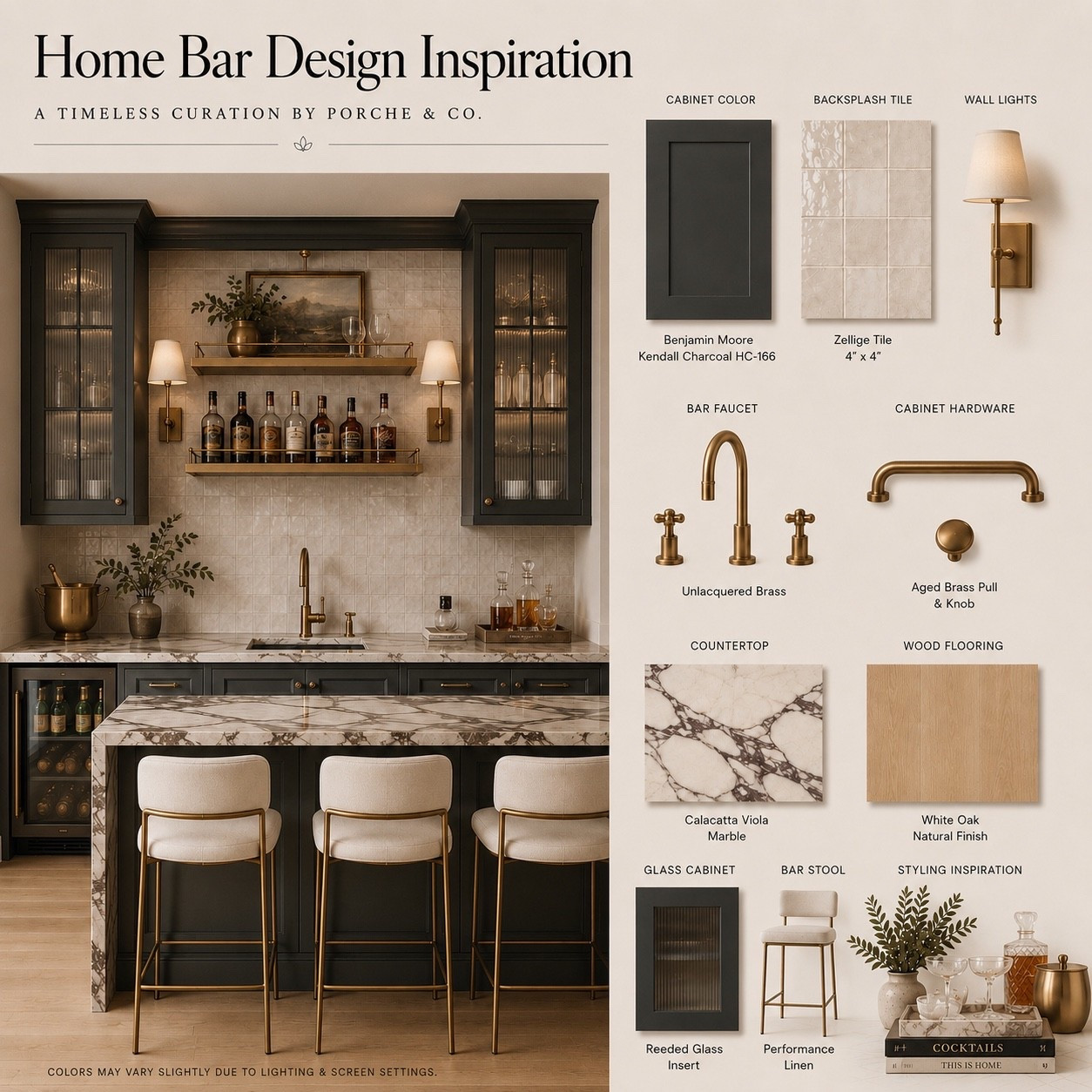Rich charcoal cabinetry, dramatic natural stone, and warm brass accents come together in this timeless home bar design. ✨

This home bar features Benjamin Moore Kendall Charcoal cabinetry, handcrafted zellige tile, Calacatta Viola marble countertops, white oak flooring, and layered brass details for a sophisticated modern traditional aesthetic that feels both elegant and inviting.

Featured finishes:

* Benjamin Moore Kendall Charcoal HC-166 cabinetry
* 4” × 4” Zellige backsplash tile
* Calacatta Viola marble countertops
* White Oak natural finish flooring
* Unlacquered brass bar faucet
* Aged brass cabinet hardware
* Brass wall sconces with linen shades
* Reeded glass cabinet inserts
* Upholstered performance linen bar stools
* Modern traditional home bar design
* Neutral home bar inspiration

A timeless combination of bold natural stone, warm metals, and classic finishes designed to elevate everyday entertaining. 🤍

#HomeBar #HomeBarDesign #BarDesign #BenjaminMoore #KendallCharcoal #CalacattaViola #ZelligeTile #BrassHardware #ReededGlass #ModernTraditional #TransitionalDesign #LuxuryInteriors #InteriorDesign #HomeDecor #CustomCabinetry #WhiteOak #NeutralInteriors #TimelessDesign #PorcheAndCo #LuxuryHome #InteriorInspiration #DreamHome #HomeStyling

#LTKHome #LTKHome #LTKSeasonal #LTKvlog
