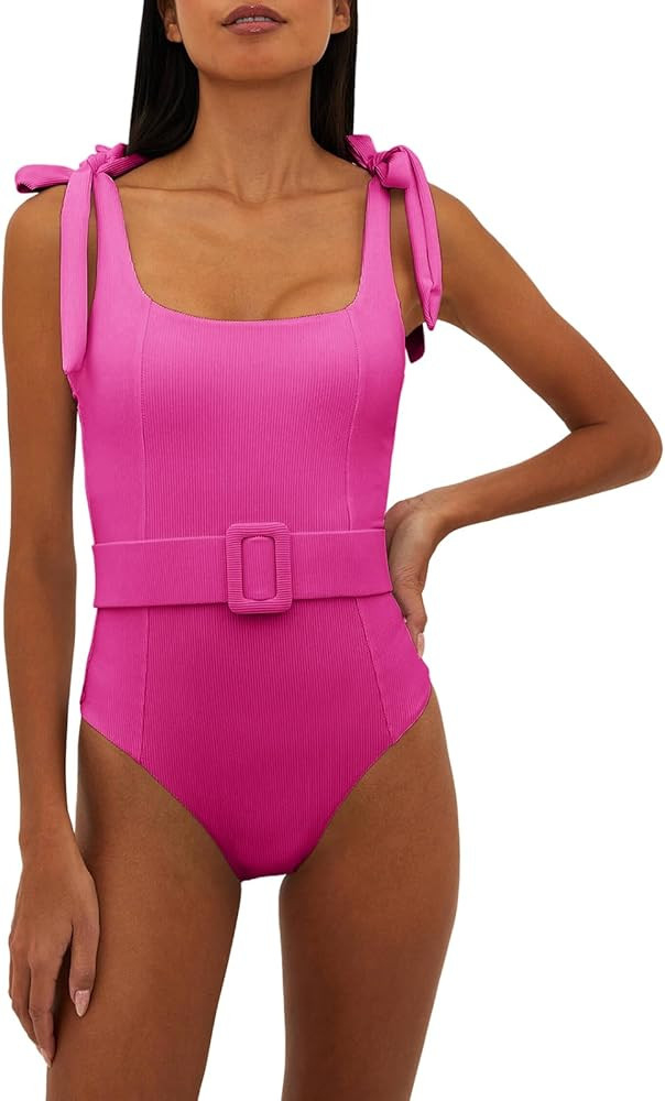 Saodimallsu Womens Sexy One Piece Bathing Suit High Cut Knit Square Neck Tied Strappy Swimsuit wi... | Amazon (US)