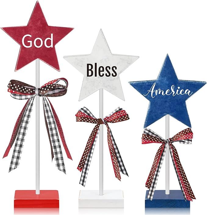 3 Pcs 4th of July Stars Decoration Patriotic Centerpieces Wooden Standing Star Block Memorial Day... | Amazon (US)
