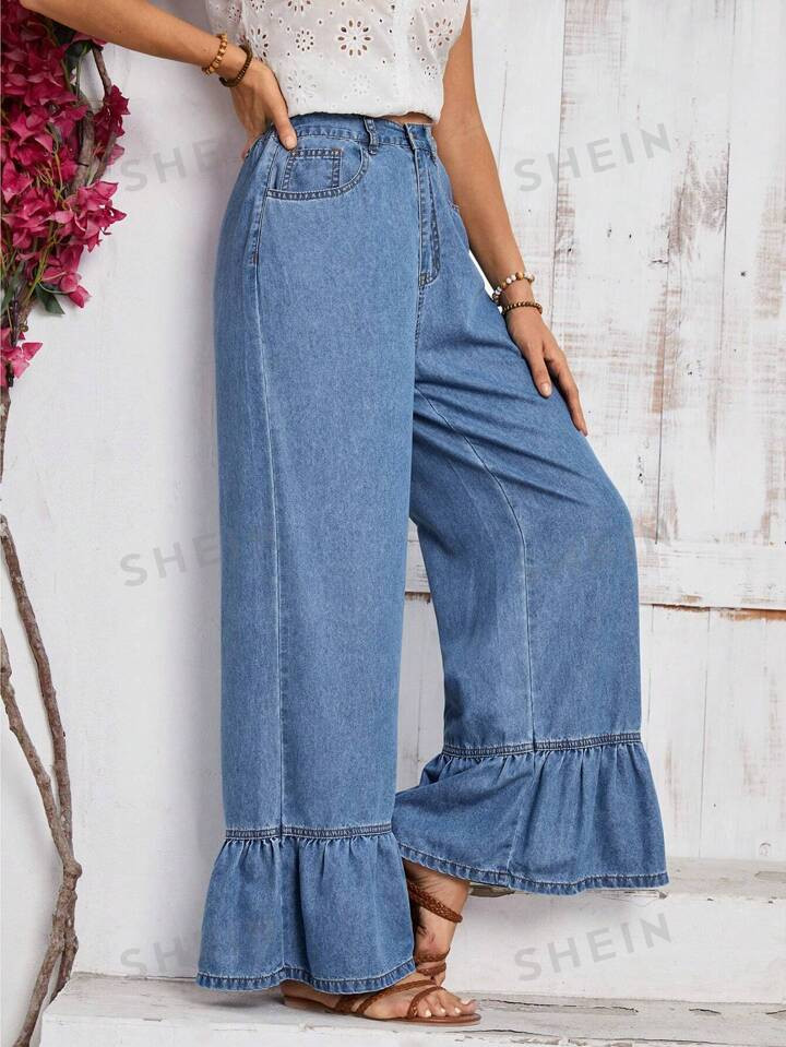 SHEIN LUNE Solid Color Denim Pants With Ruffle Hem And Pockets For Casual Wear | SHEIN