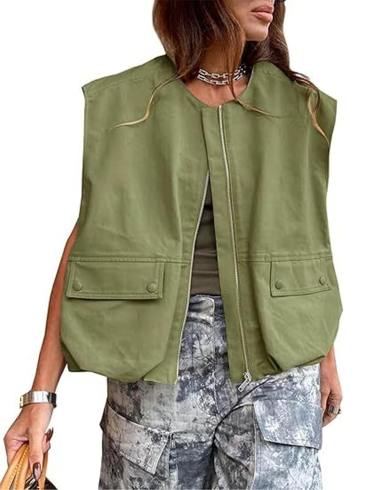 Womens Casual Zip Up Cargo Vest Top Oversized Lightweight Ruched Hem Sleeveless Blazer Jackets Ve... | Amazon (US)