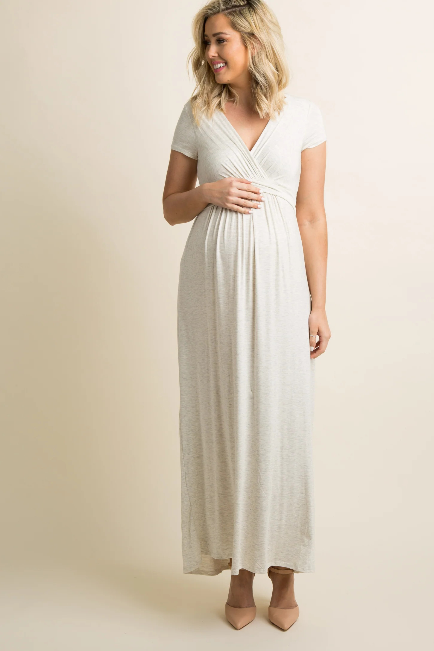 PinkBlush Petite Beige Draped Maternity/Nursing Maxi Dress | PinkBlush Maternity