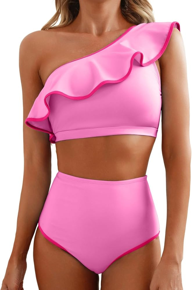Herseas Women's One Shoulder Bikini Sets Color Block Trim Ruffle Hem Swimsuits Elegant Bathing Su... | Amazon (US)