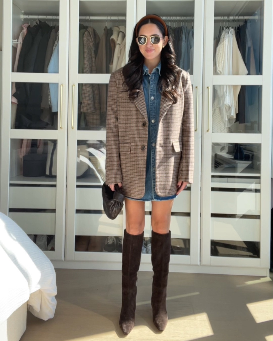 XSmall dress 
Small blazer 

Fall outfit, blazer, denim dress

#LTKfindsunder100 #LTKSeasonal #LTKstyletip