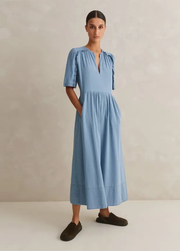 Chambray Relaxed Ruffle Midi Dress | ME+EM US