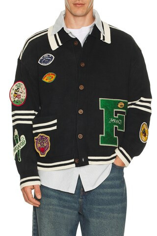 Found Varsity Patch Collared Cardigan in Black | FWRD 