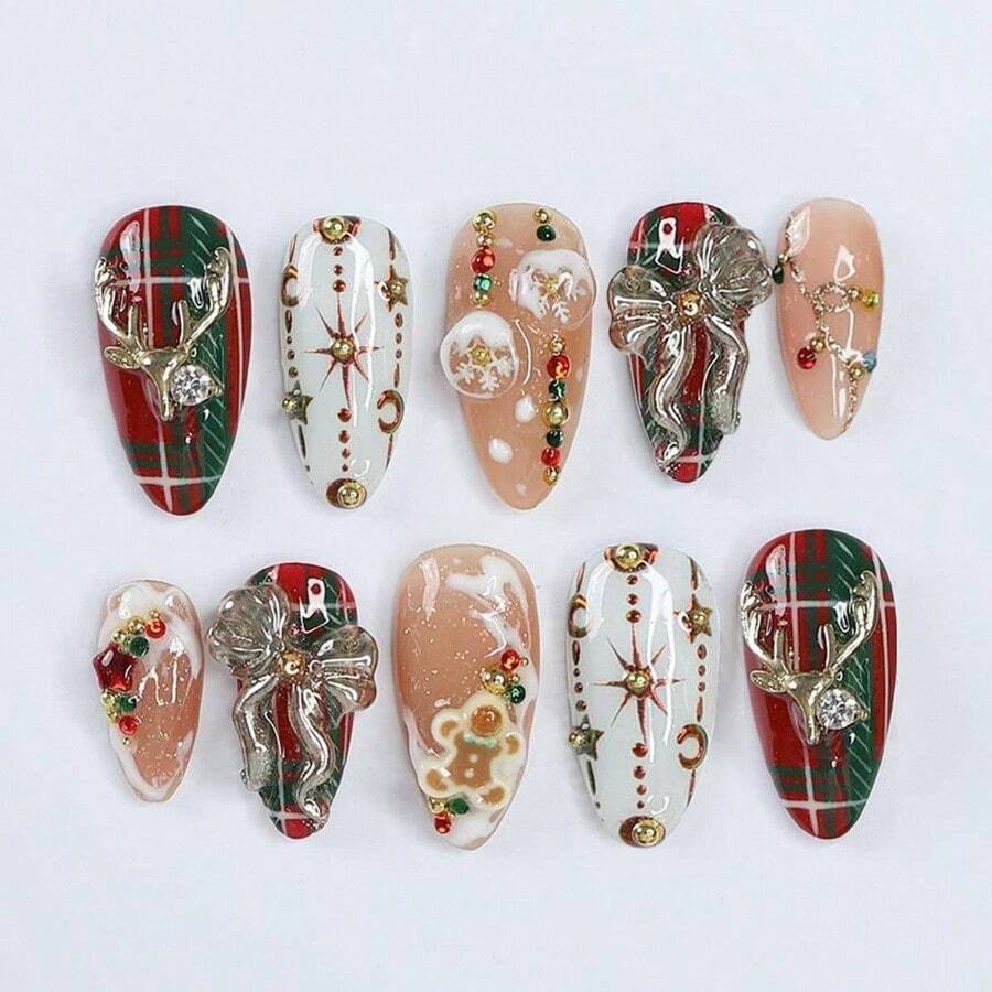 24Pcs Nails Luxury Handmade Press On Nails With 3D Bow Elk Charm Designs Cute Gingerbread Almond ... | SHEIN