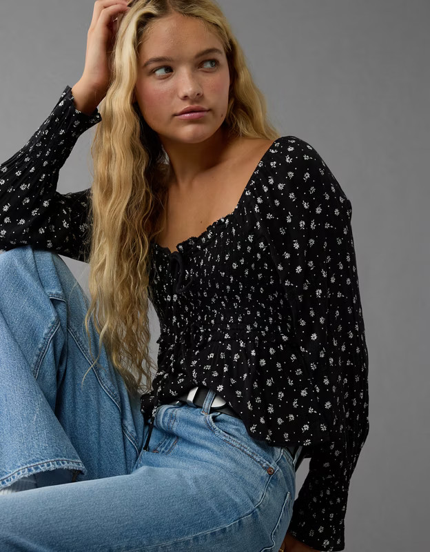 AE Long-Sleeve Smocked Tie Front Blouse | American Eagle Outfitters (US & CA)