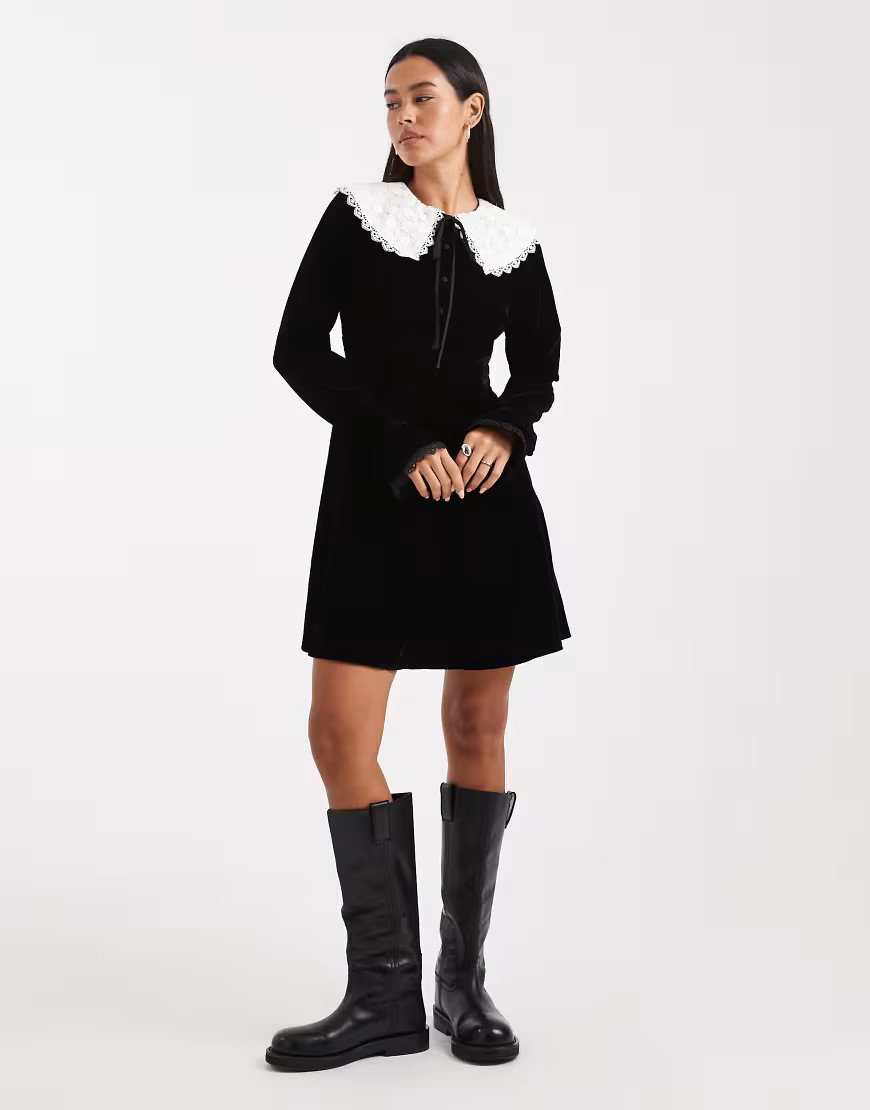 Miss Selfridge velvet collar mini dress in black | ASOS (Global)