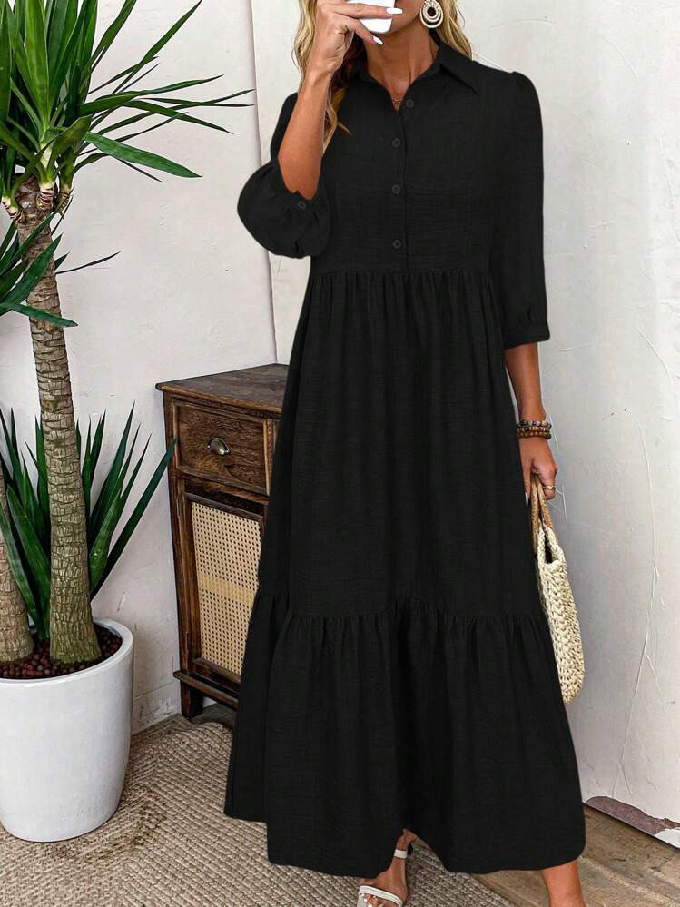 SHEIN LUNE Women's Vacation Casual Solid Color Long Shirt Dress Maxi Women Outfit | SHEIN