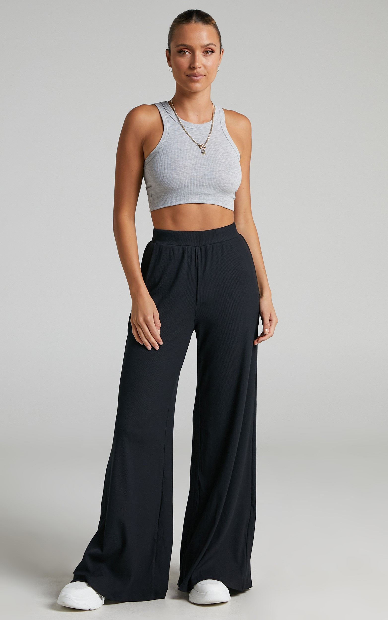 Amalthea - High Waisted Wide Leg Pant in Jersey Rib in Black | Showpo (US, UK & Europe)