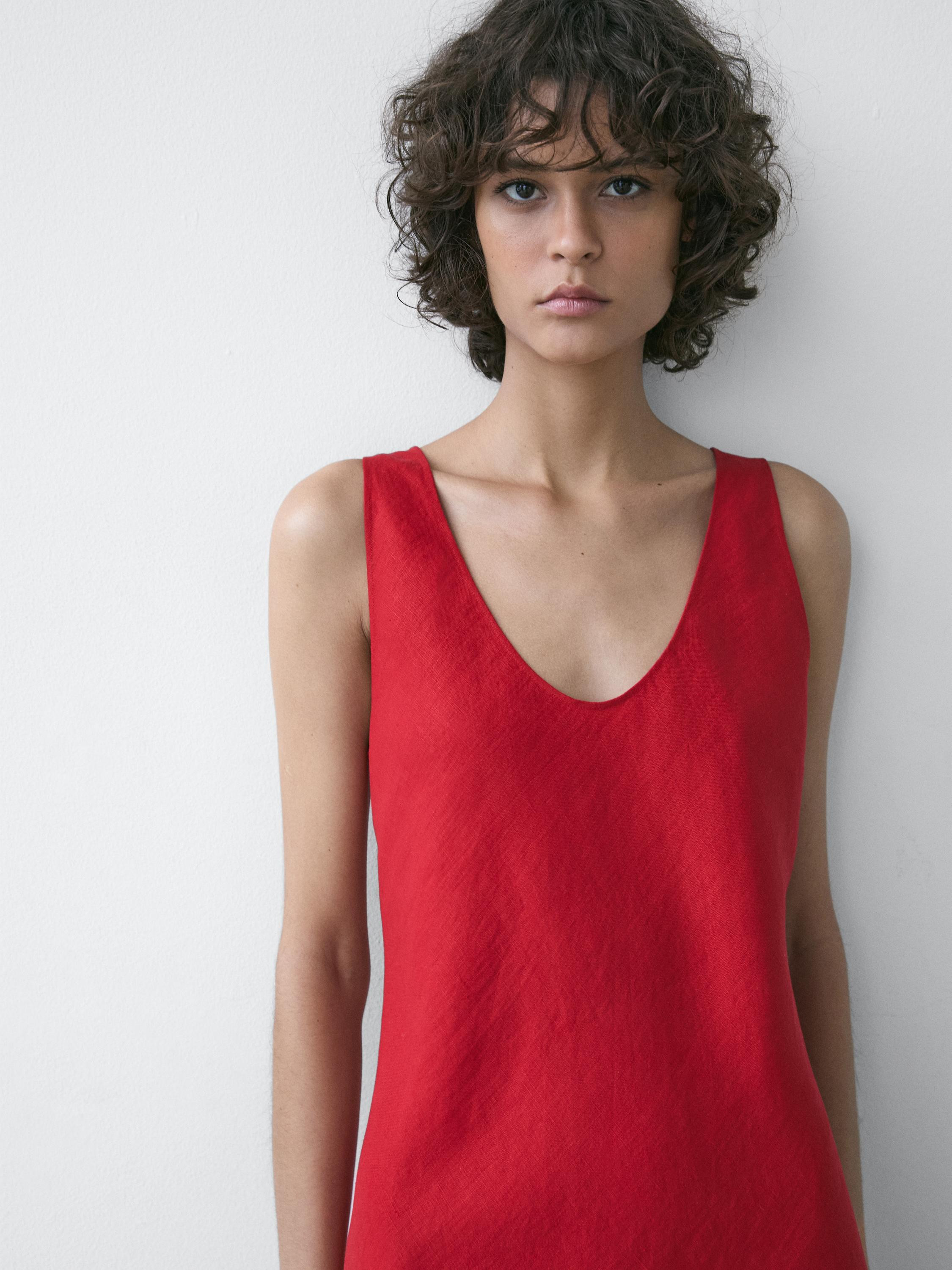 Robe midi à bretelles en lin | Massimo Dutti FR