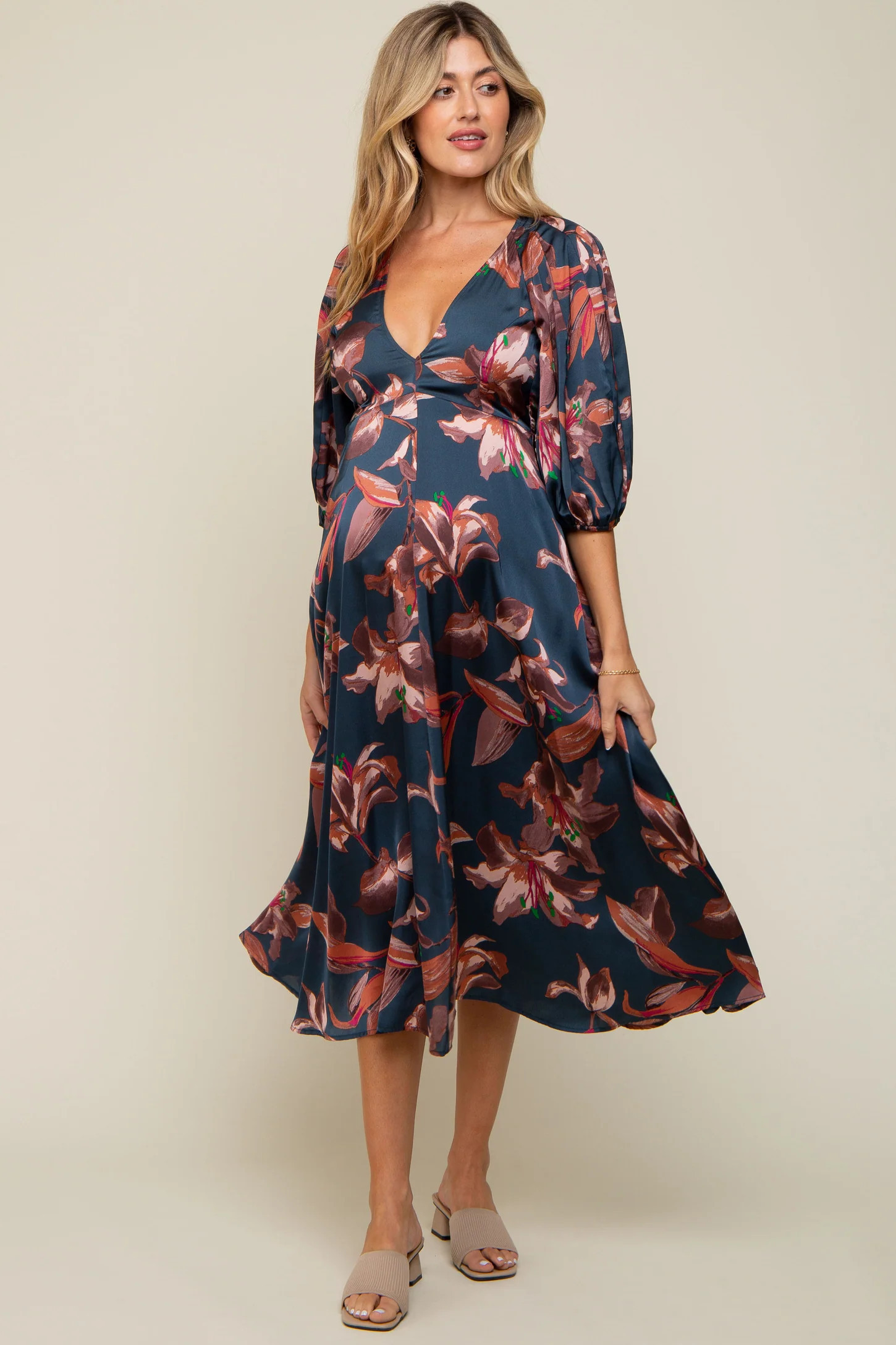 Navy Floral Satin Puff Sleeve Maternity Midi Dress | PinkBlush Maternity