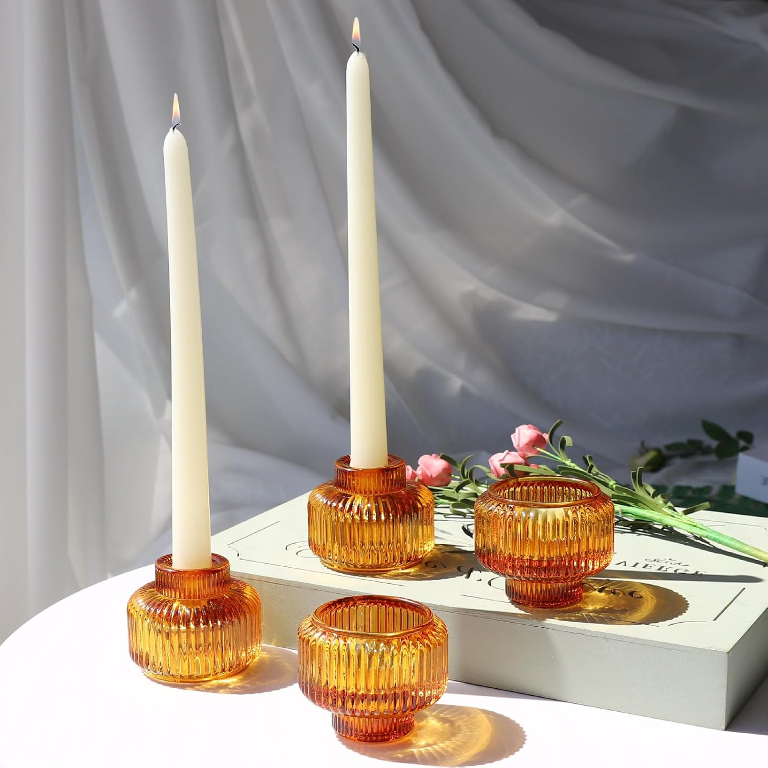 Candlestick Holders Set of 4, Amber Votive Candle Holders for Fall Wedding Table Centerpiece, Rib... | Amazon (US)