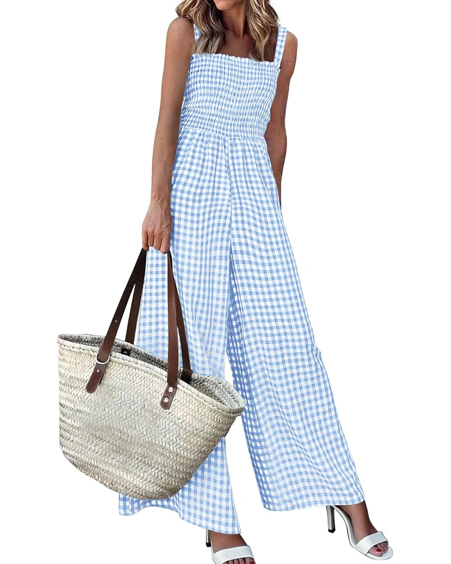 PRETTYGARDEN Womens Jumpsuit Summer Wide Leg Gingham Rompers | One Piece Smocked Jumpers, Sleevel... | Amazon (US)