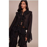 Black Chiffon Frill Long Sleeve Shirt | PrettyLittleThing US