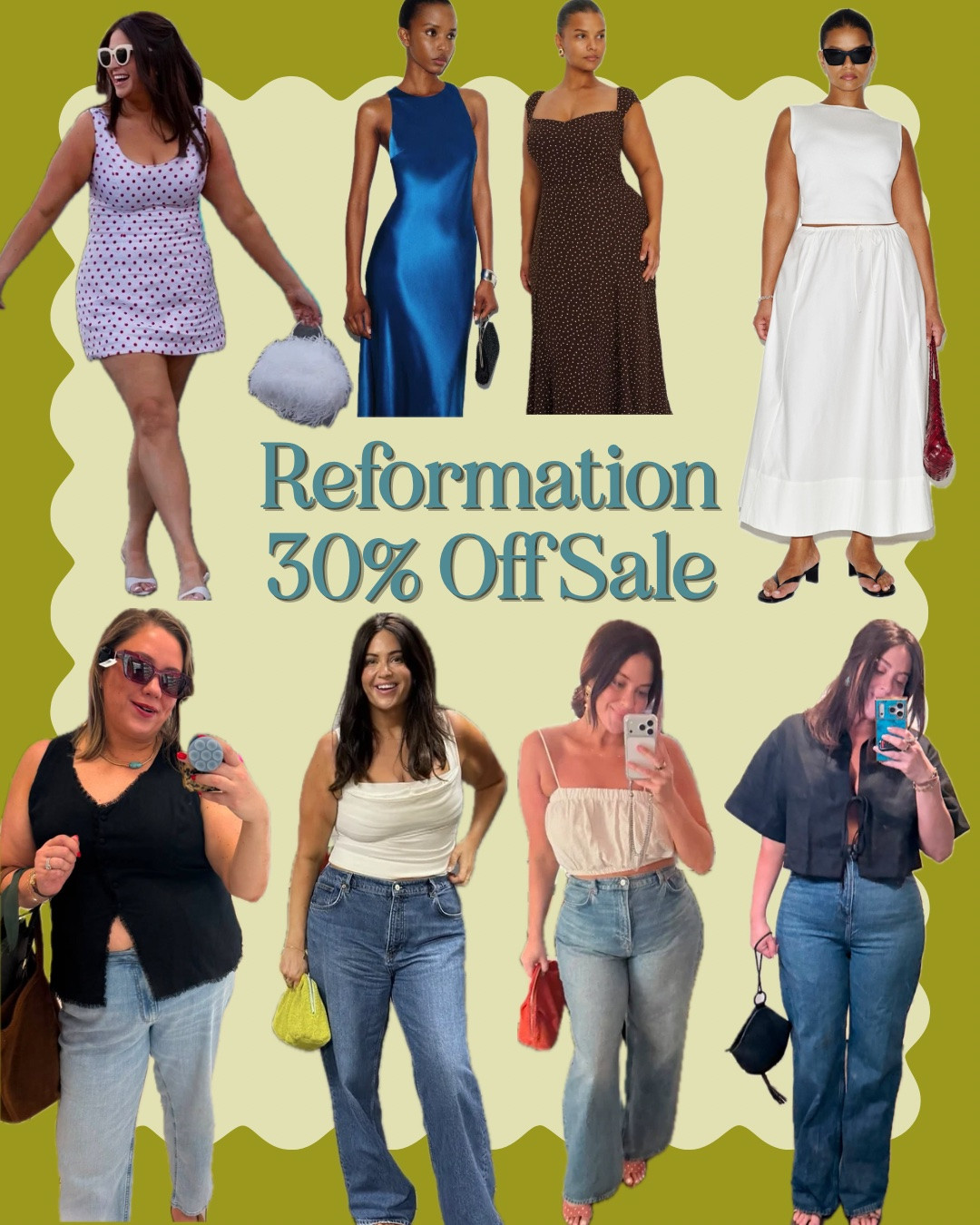 @Reformation is doing a rare sale! They just launched a big 30% off sale, which is the lowest price a lot of their items will go this year. Some of our favorites:

Missy’s Picks:
- My favorite high-waisted slouchy jeans. They run a little big in the waist and look SO good on. Reformation’s jeans go up to size 18/34; 32-34 are their extended size fits.
- My engagement photos dress! 🤍 Runs pretty true to size. In addition to the polka dot, they have a solid pink and a couple cute floral patterns (all 30% off and final sale). They also have it in solid black and white, but those colors aren’t included in the sale.
- I also have this cute white linen mini. Goes up to a size 3X. Their linen pieces are consistently some of our favorites.
- Love this gorgeous ocean blue silk dress (final sale). Anything in this color is a yes for me! 🌊

Sarah’s Picks:
- This wardrobe-staple-worthy maxi skirt. It drapes perfectly and gets softer after each wash. The white isn't on sale sadly, but they have a cute checkered pattern that’s 30% off. I took my true size in it, but the sizing is forgiving because of the drawstring waist.
- This cute button-up black top with a little peekaboo moment! Easy to wear and so versatile — it can go classy, casual, flirty, and professional.
- I love these lacy shorts. I’ll do a separate post with a video of these. They're so easy to wear (I usually wear mine paired with a long sleeve button-up) and are a great staple for vacation because you can just throw them on and the fabric and lace trim make you look polished.

#LTKSaleAlert #LTKMidsize #LTKPlusSize