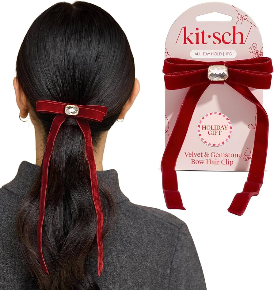 Kitsch Velvet Bow Hair Clip with Gemstone – Red Duckbill Hair Clips for Women | Lightweight, Co... | Amazon (US)